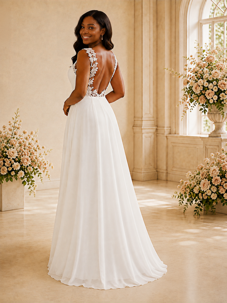 ChicSew Modern V-Neck Sleeveless Lace Chiffon Floor-Length Wedding Jumpsuit