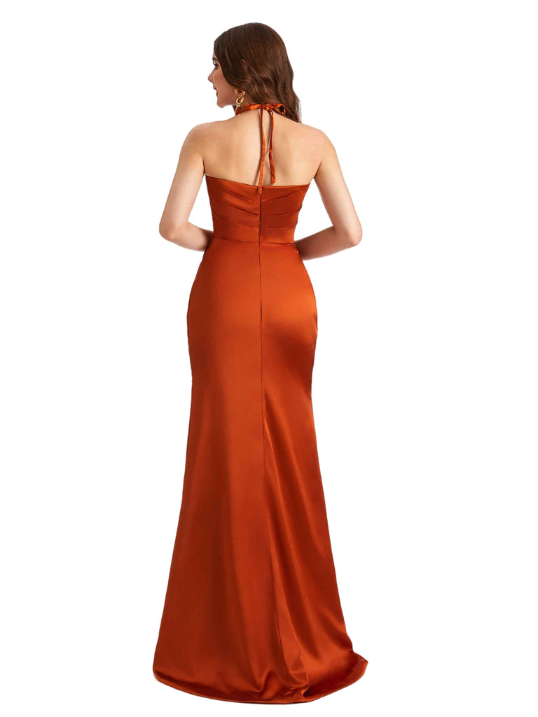 Sexy Halter Stretch Satin Unique Split Mermaid Long Bridesmaid Dresses Online
