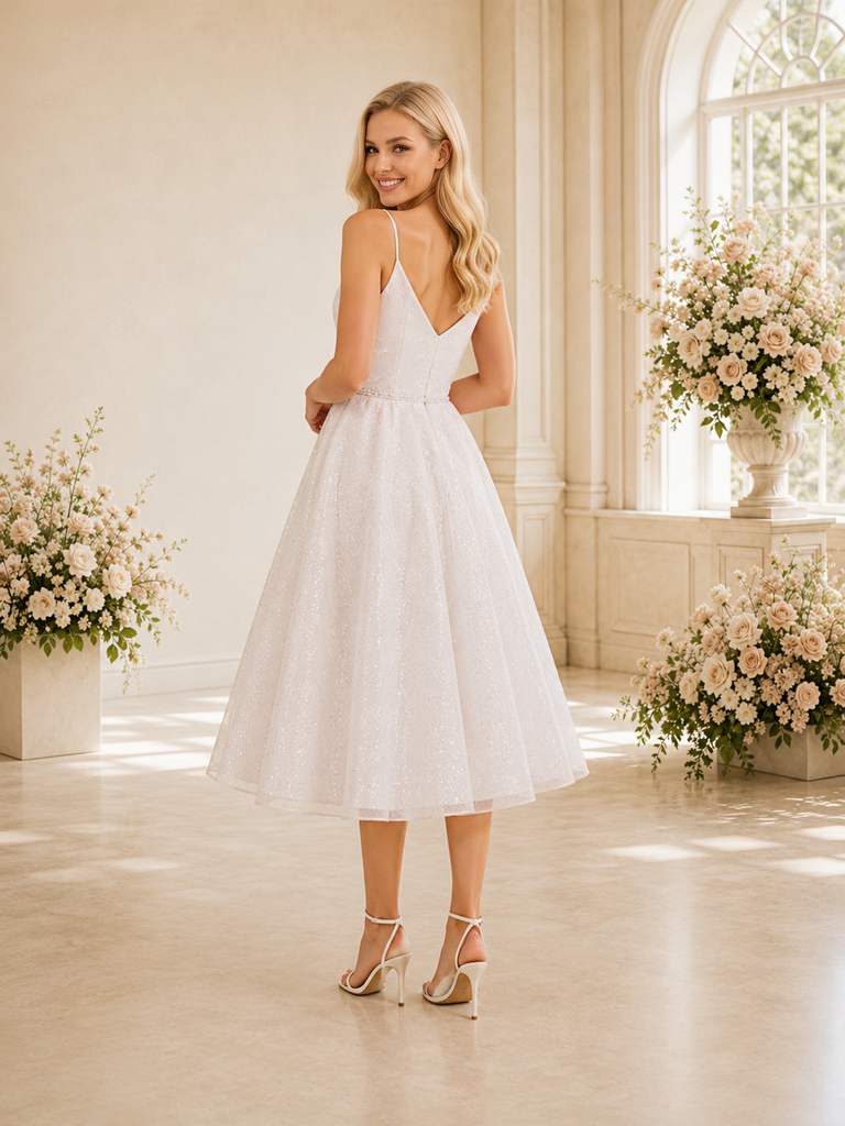 ChicSew Elegant Glitter Tulle A-Line Spaghetti Straps Midi Wedding Dress
