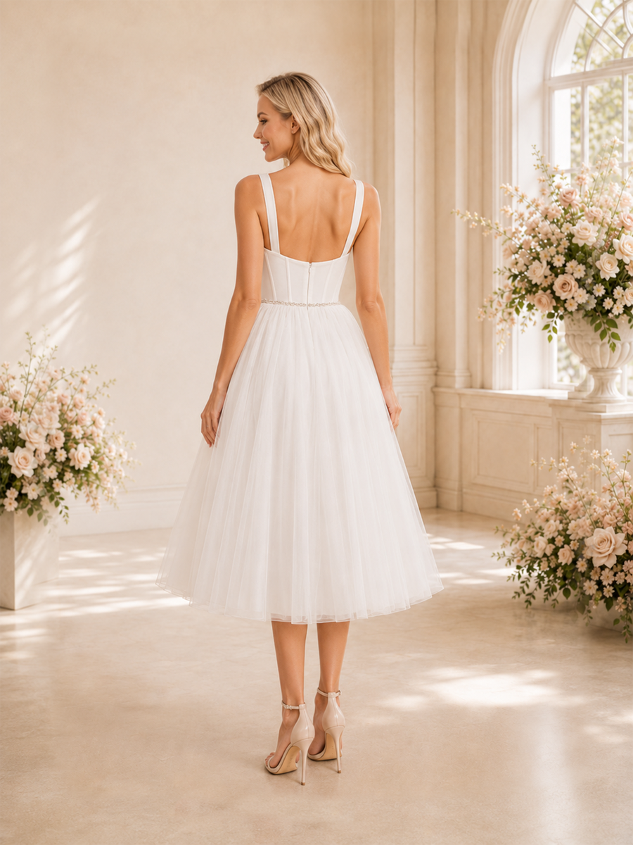 ChicSew A-line Sweetheart Boning Midi Lace Tulle Short Wedding Dresses Online