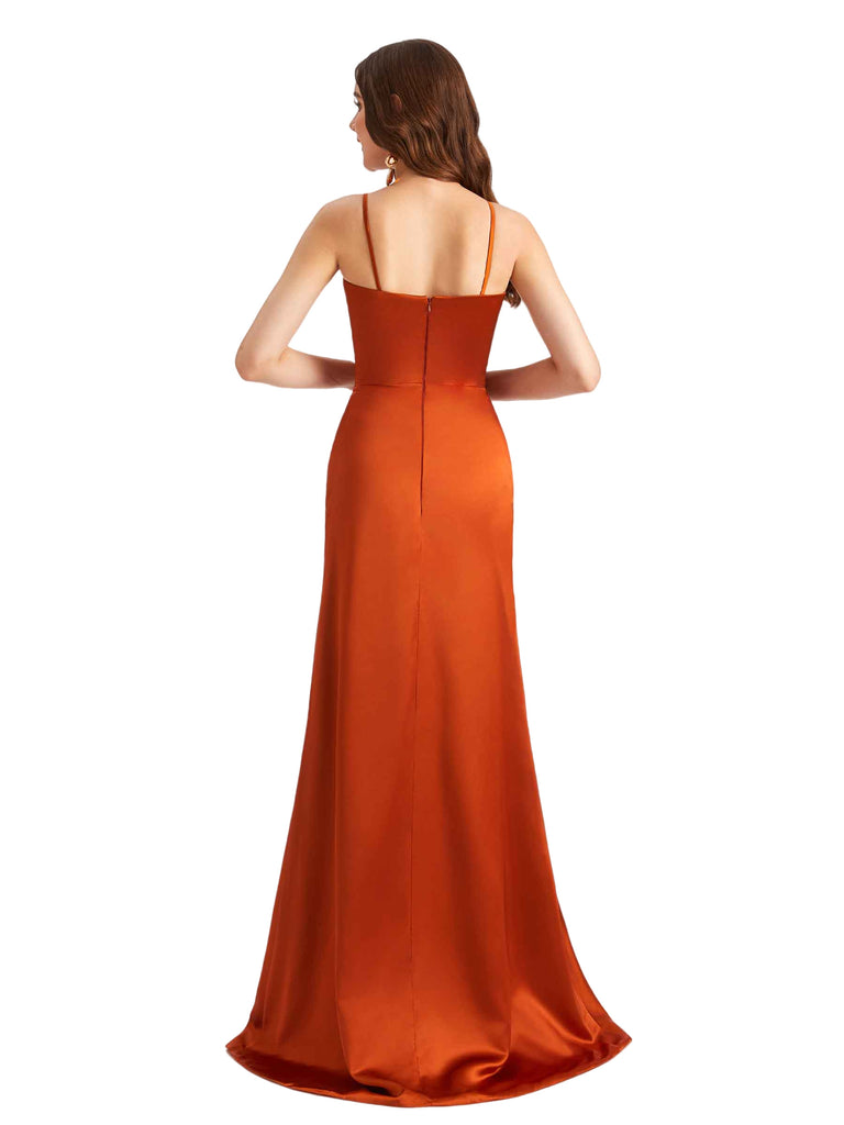 Sexy Silky Satin Spaghetti Strap Mermaid Maxi Ruched Chic Bridesmaid Dresses Side Split