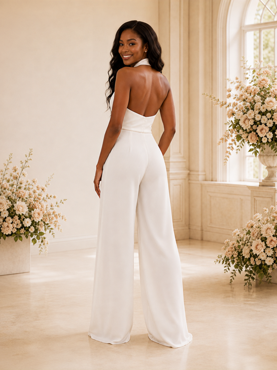 ChicSew Modern Halter Open Back Satin Floor-Length Wedding Jumpsuit