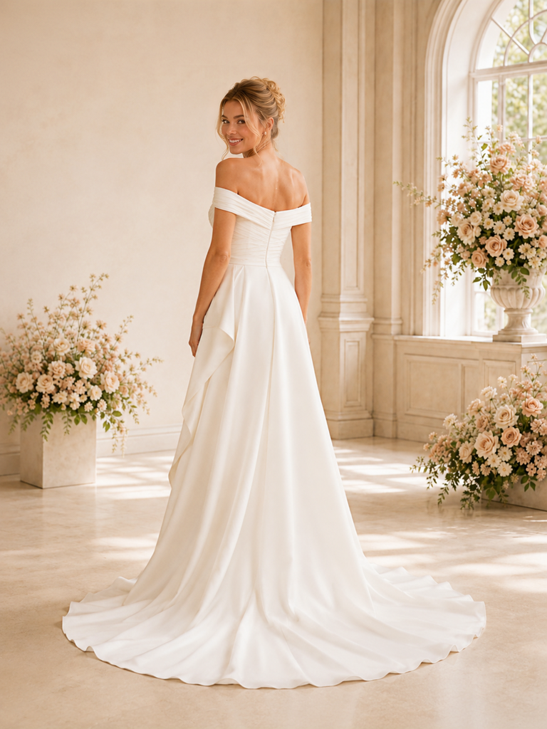 ChicSew Elegant Ruched Off The Shoulder A-Line Side Slit Crepe Maxi Wedding Dresses With Ruffle
