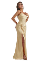 Elegant Mermaid Ruched Silky Satin Long Bridesmaid Dresses Slit Spaghetti Straps