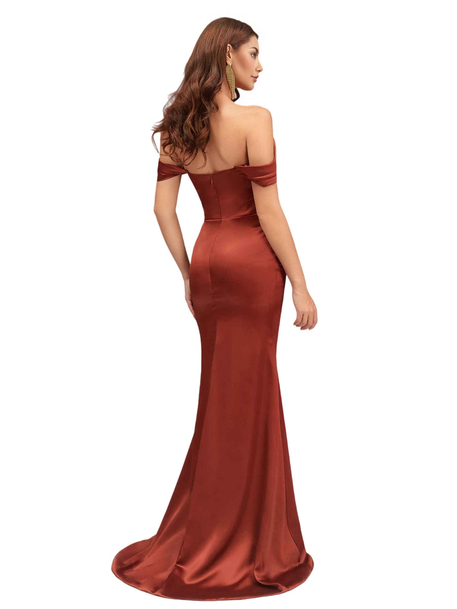 Sexy Off The Shoulder Soft Satin Mermaid Ruched Long Bridesmaid Dresses Online
