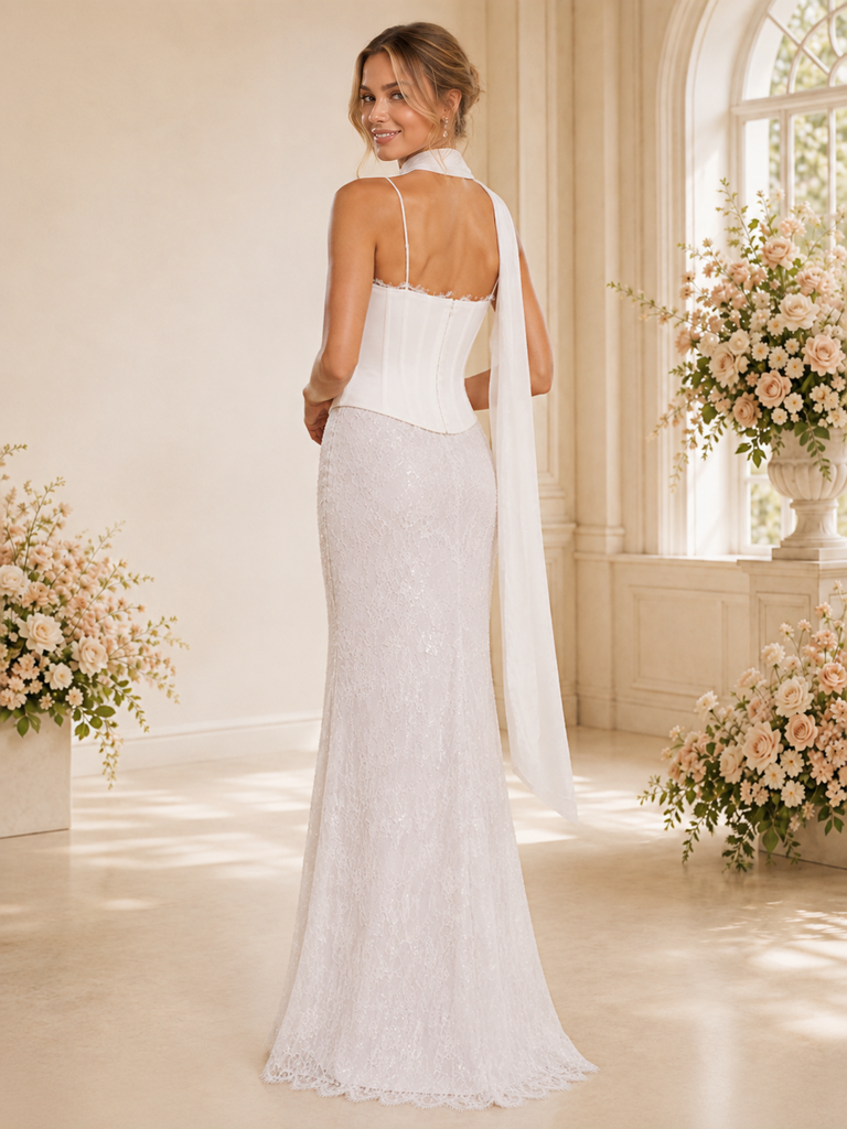 ChicSew Unique Spaghetti Straps Boning Chiffon Mermaid Floor-Length Wedding Dress With Lace Applique