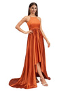 Sexy Halter High Low A-Line Soft Satin Pretty Long Bridesmaid Dresses