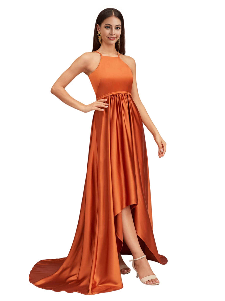 Sexy Halter High Low A-Line Soft Satin Pretty Long Bridesmaid Dresses