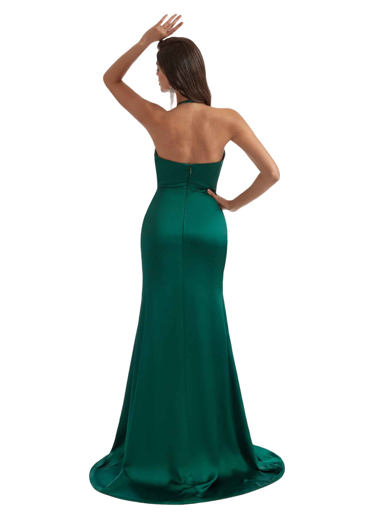 Sexy Halter V-Neck Mermaid Ruched Satin Long Bridesmaid Dresses Side Split