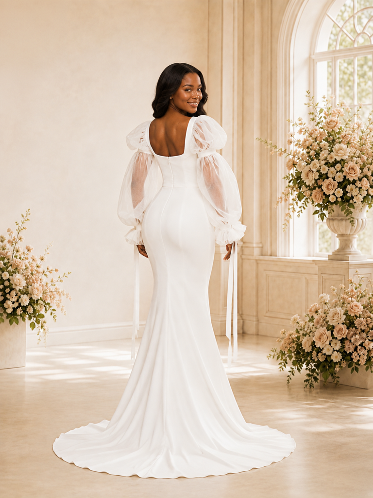 ChicSew Unique Square Neck Mermaid Crepe Long Puff Sleeves Maxi Wedding Dress