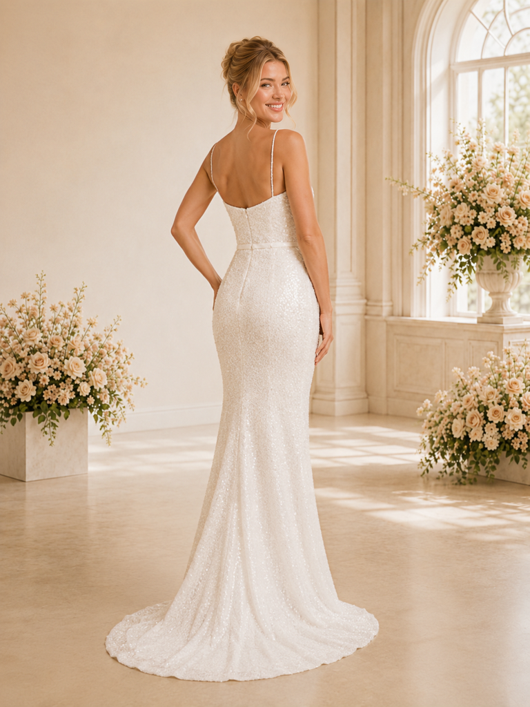 ChicSew Classy Spaghetti Straps Glittler Tulle Mermaid Floor-Length Wedding Dress