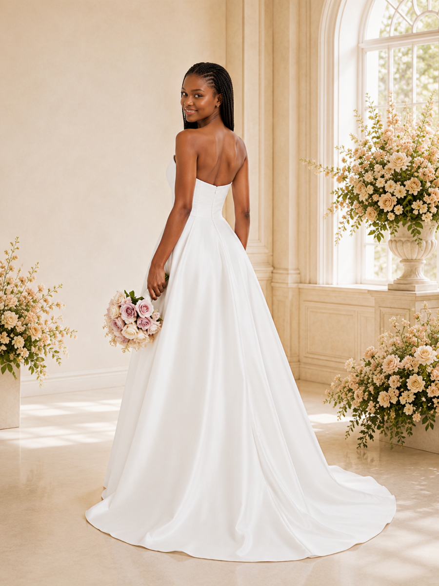 ChicSew Modern Simple Satin Strapless Long A-Line Wedding Dress With Slit
