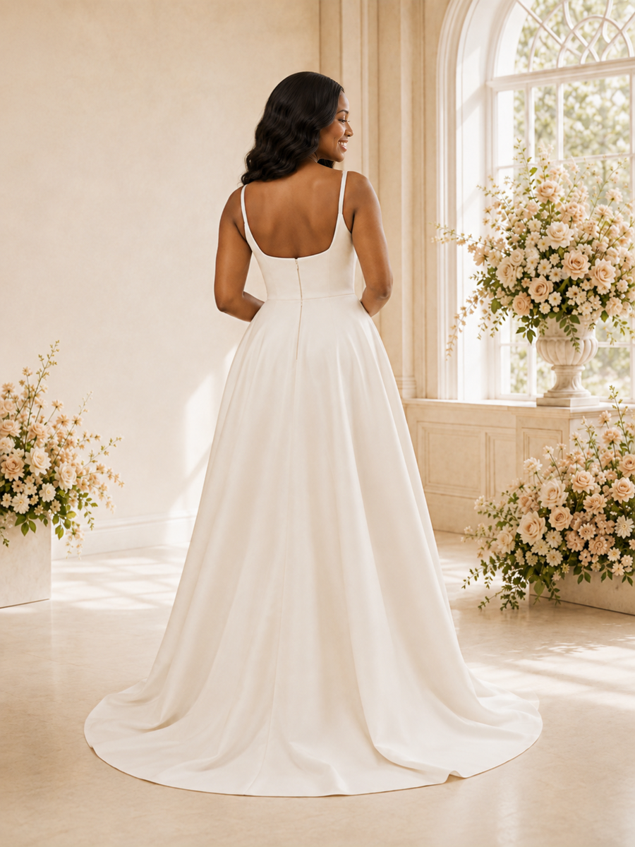 ChicSew Elegant Square Neck Spaghetti Straps A-Line Satin Maxi Wedding Dress