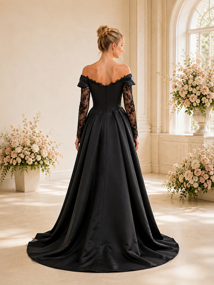 ChicSew Black Satin Off The Shoulder Lace Sleeves Ruching A-Line Long Wedding Dresses