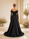 ChicSew Black Satin Off The Shoulder Lace Sleeves Ruching A-Line Long Wedding Dresses