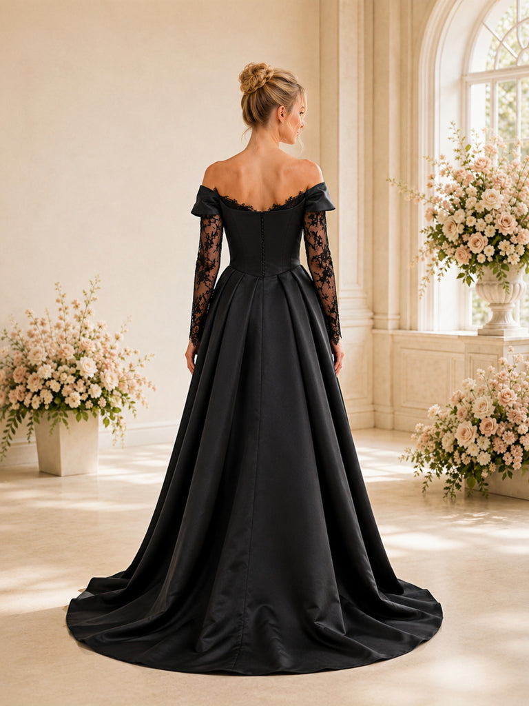 ChicSew Black Satin Off The Shoulder Lace Sleeves Ruching A-Line Long Wedding Dresses