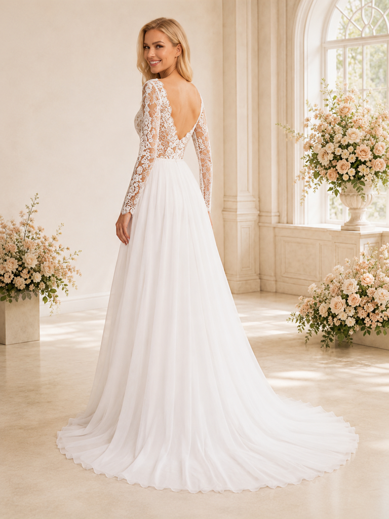 ChicSew Sexy Unique Lace V-Neck Long Sleeves Chiffon A-Line Side Slit Floor-Length Wedding Dress