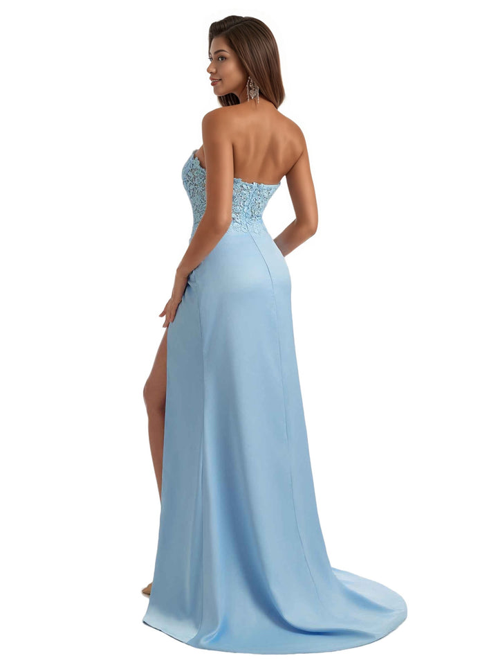 Gorgeous Strapless Sweetheart Lace Mermaid Satin Long Bridesmaid Dresses Side Slit