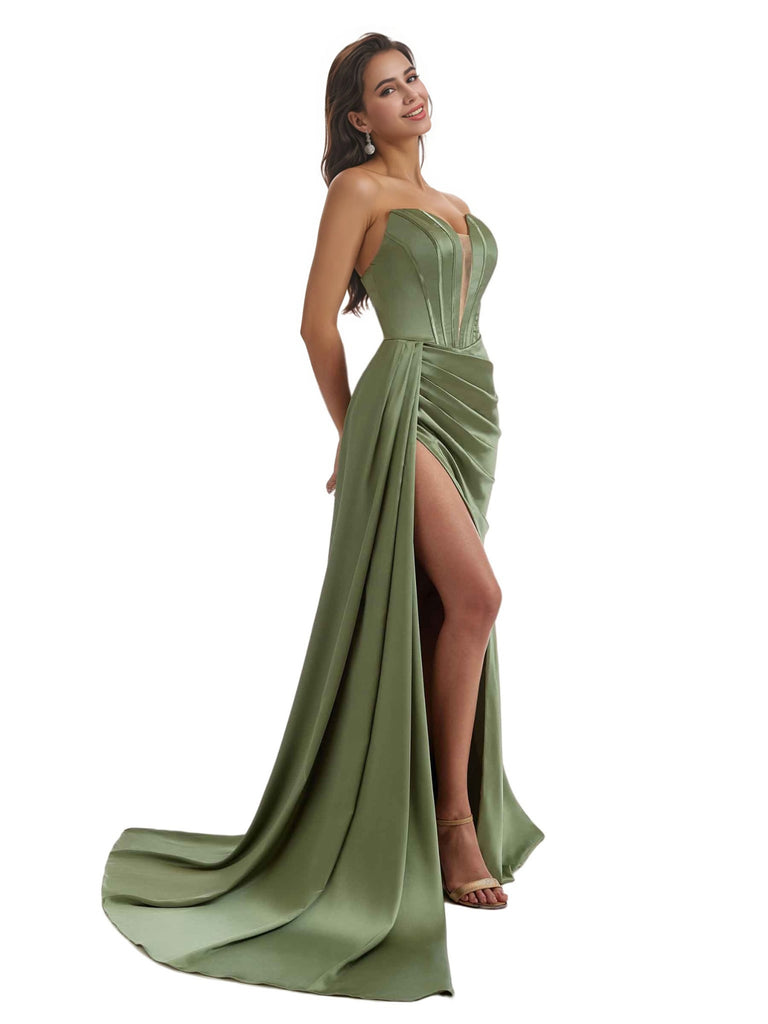 Sexy V-Neck Side Split Mermaid Ruched Satin Pretty Long Bridesmaid Dresses Online