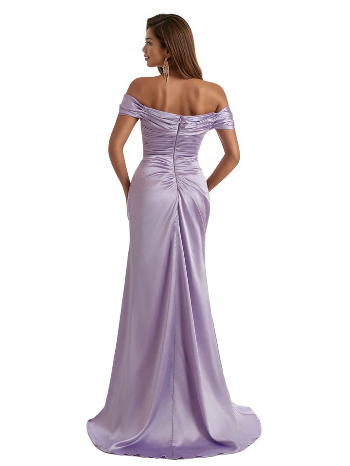 Elegant Off The Shoulder Split Mermaid Ruched Satin Women's Long Bridesmaid Dresses