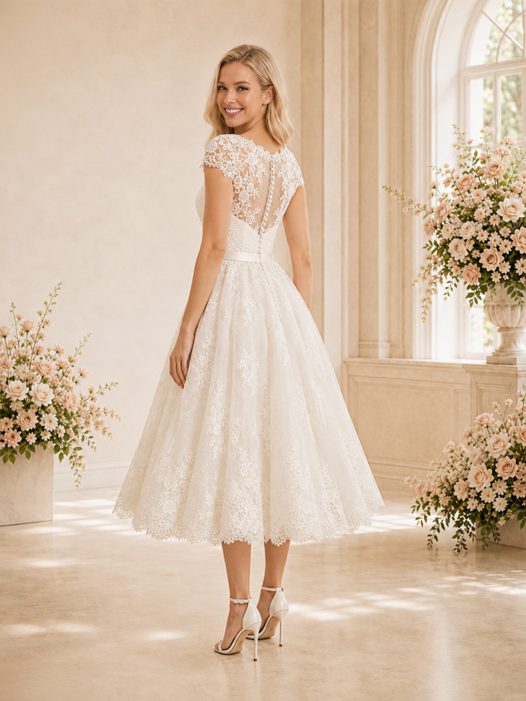 ChicSew Elegant Cap Sleeves Lace Tulle A-Line Tea-Length Wedding Dresses