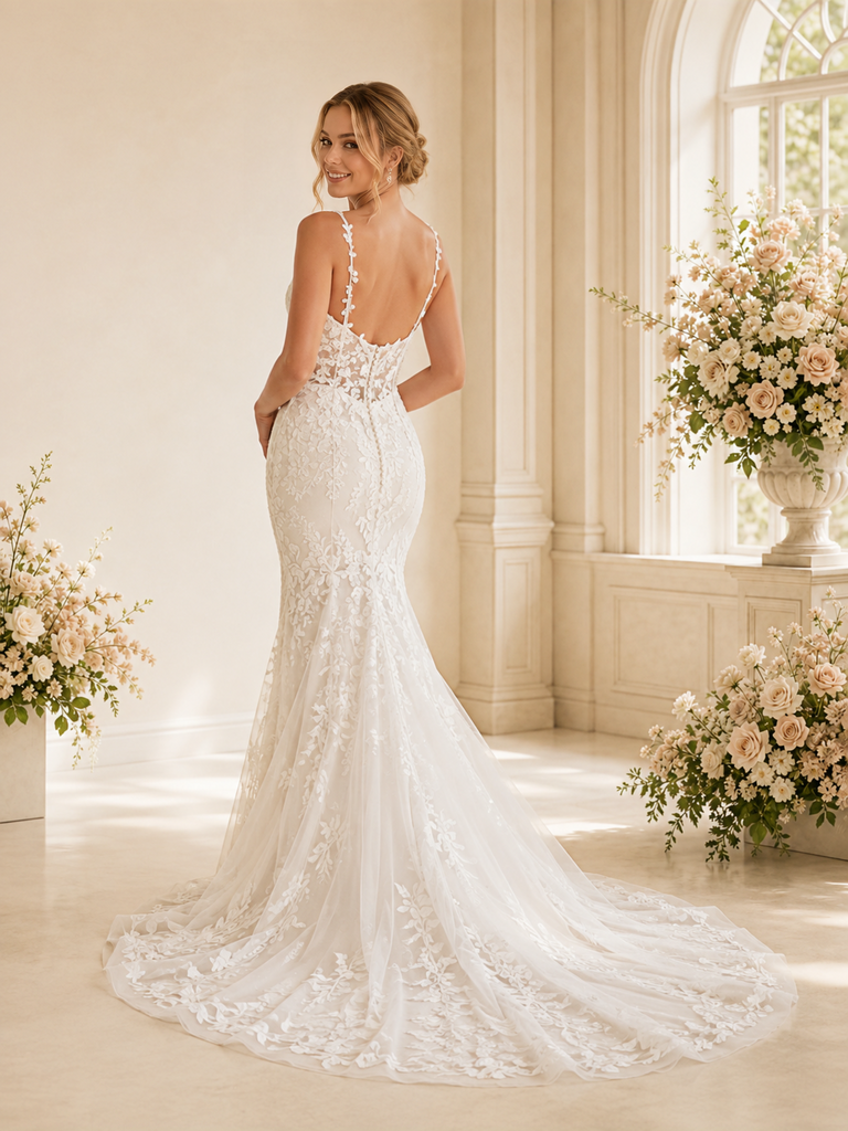 ChicSew Romantic Spaghetti Straps V-Neck Tulle Lace Appliques Floor-Length Wedding Dress
