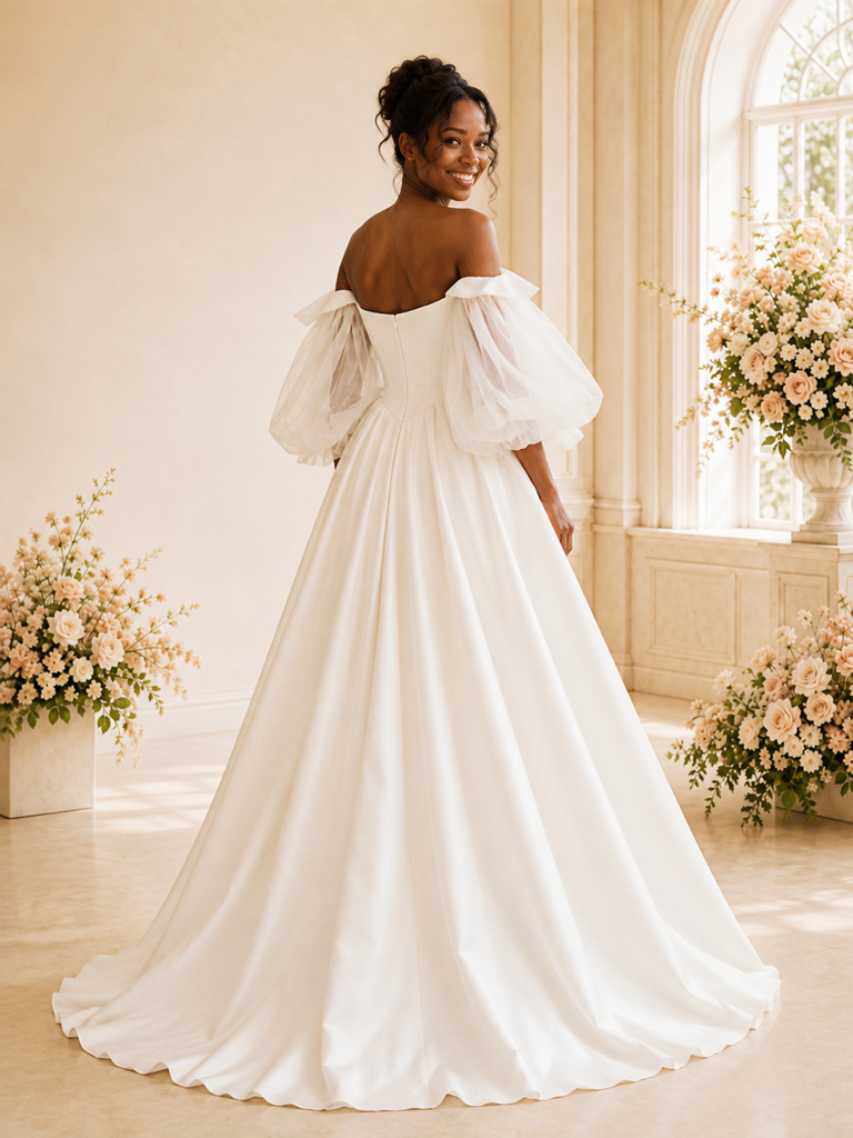 ChicSew Classy Unique Strapless Crepe A-Line Maxi Long Wedding Dress With Tulle Sleeves