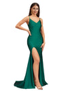 Sexy V-Neck Spaghetti Straps Slit Mermaid Soft Satin Long Bridesmaid Dresses Online