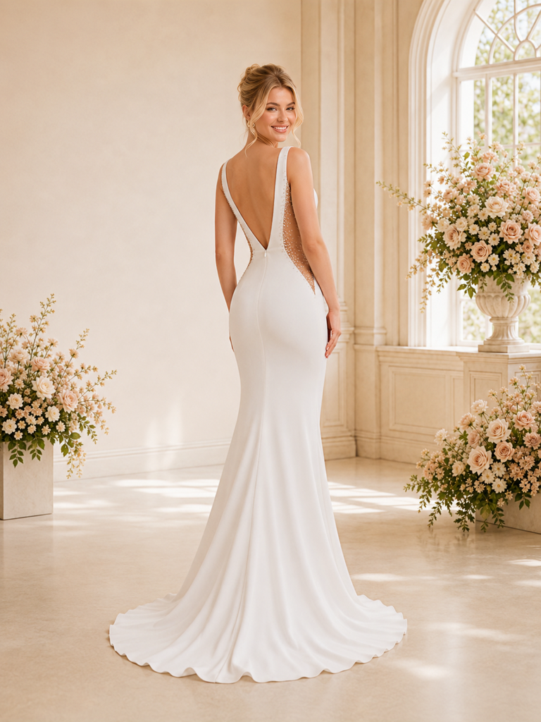 ChicSew Sexy V-Neck Sleeveless Mermaid Crepe Beading Floor-Length Wedding Dresses