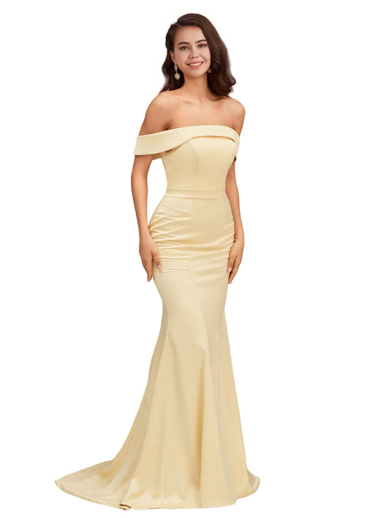 Elegant Off The Shoulder Soft Satin Simple Mermaid Long Bridesmaid Dresses Online