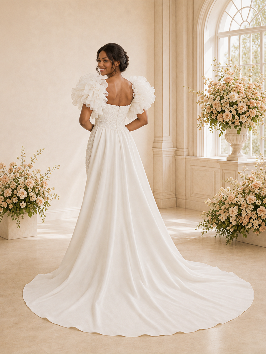 ChicSew Unique Strapless 3D Puff Sleeves Squain Beaded Tulle Sheath Mini-Length Wedding Dress