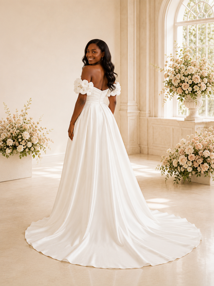 ChicSew Beautiful Off The Shoulder Side Slit A-Line Satin Maxi Long Wedding Dress