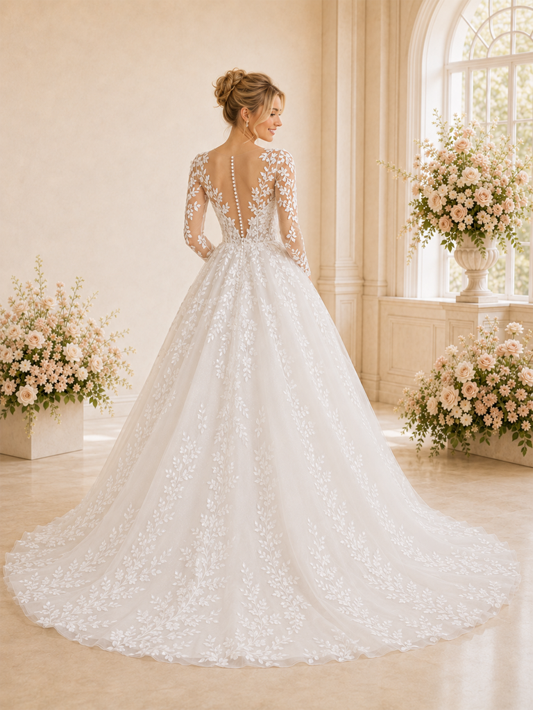 ChicSew Elegant A-Line Long Sleeves Lace Tulle Maxi Long Wedding Dresses With Long Train