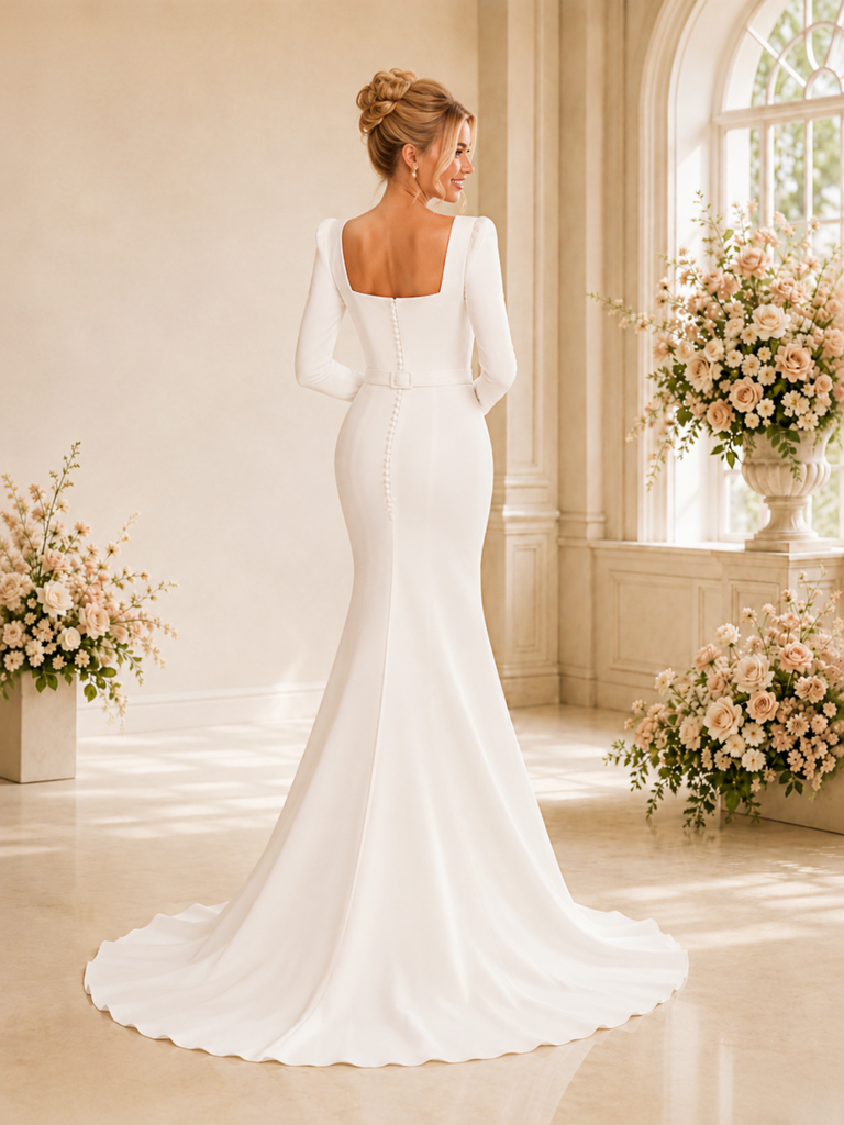ChicSew Elegant Square Long Sleeves Mermaid Crepe Floor-Length Wedding Dress