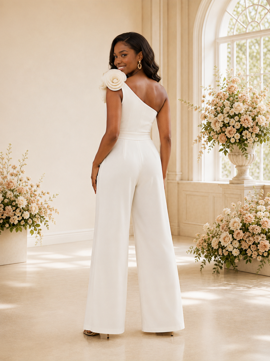 ChicSew Modern Elegant One Shoulder Crepe Floor-Length Wedding Jumpsuit With Floral Applique