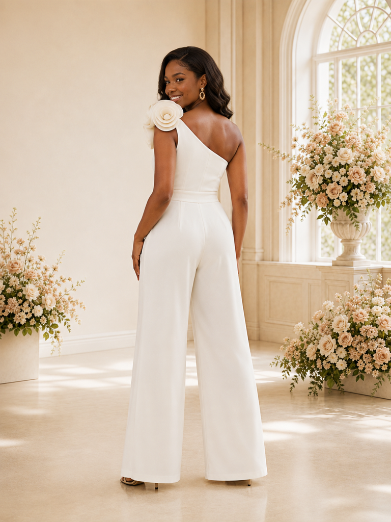 ChicSew Modern Elegant One Shoulder Crepe Floor-Length Wedding Jumpsuit With Floral Applique