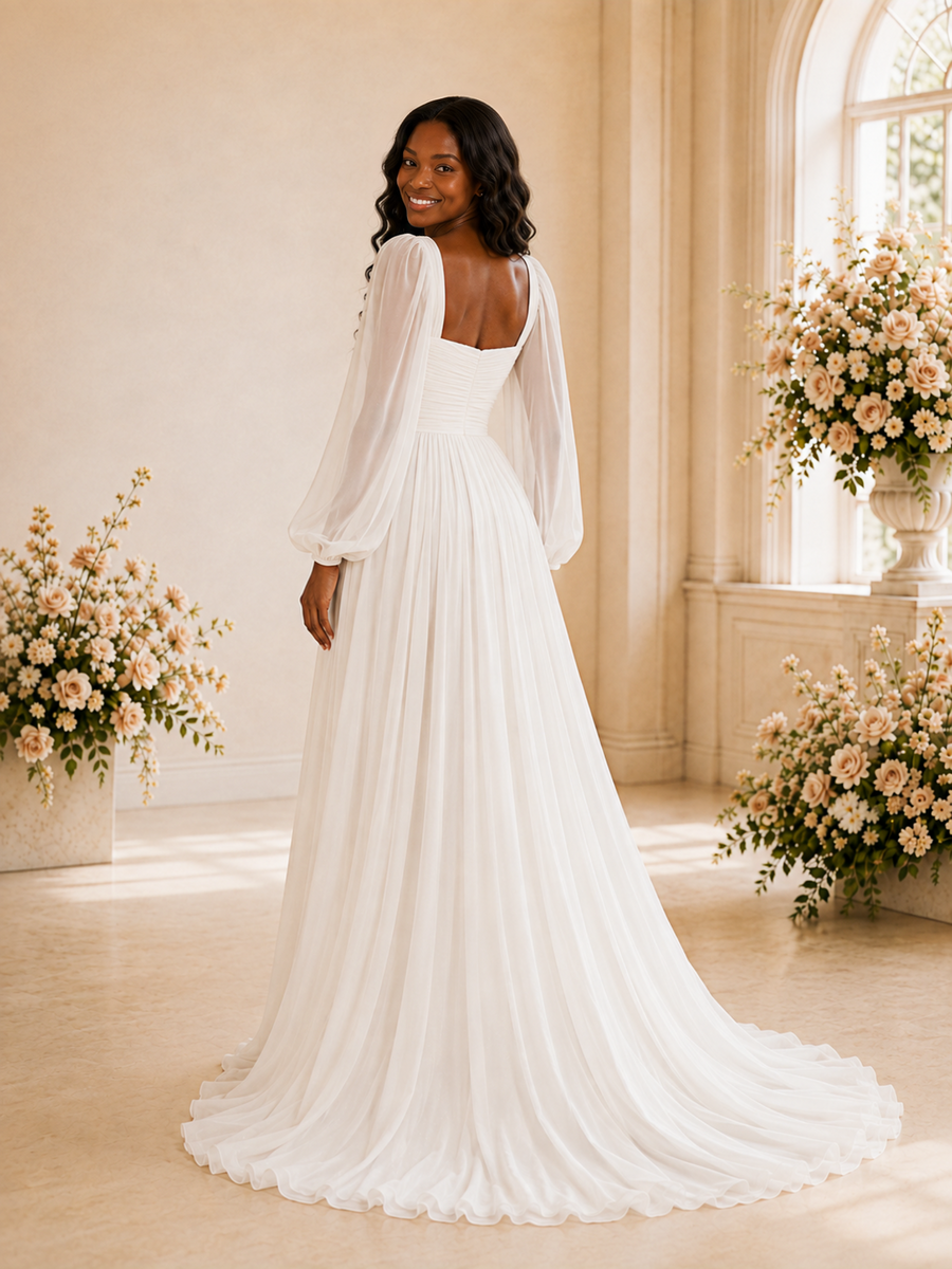 ChicSew Elegant Sweetheart Long Sleeves Pleats Chiffon A-Line Maxi Wedding Dress