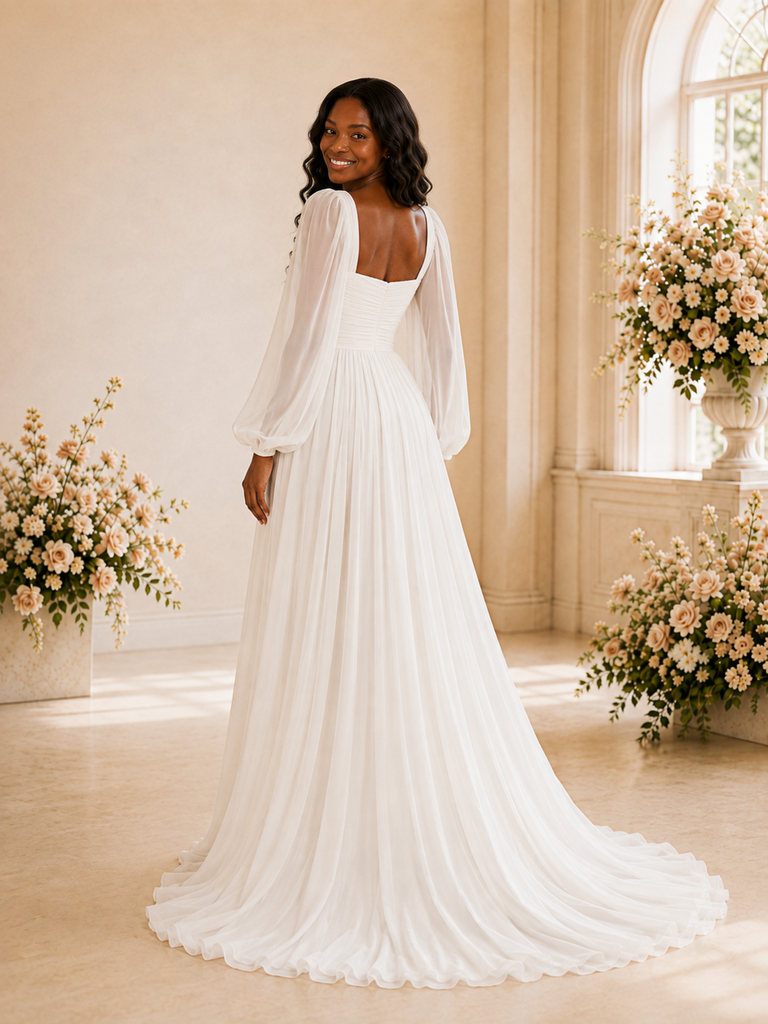 ChicSew Elegant Sweetheart Long Sleeves Pleats Chiffon A-Line Maxi Wedding Dress