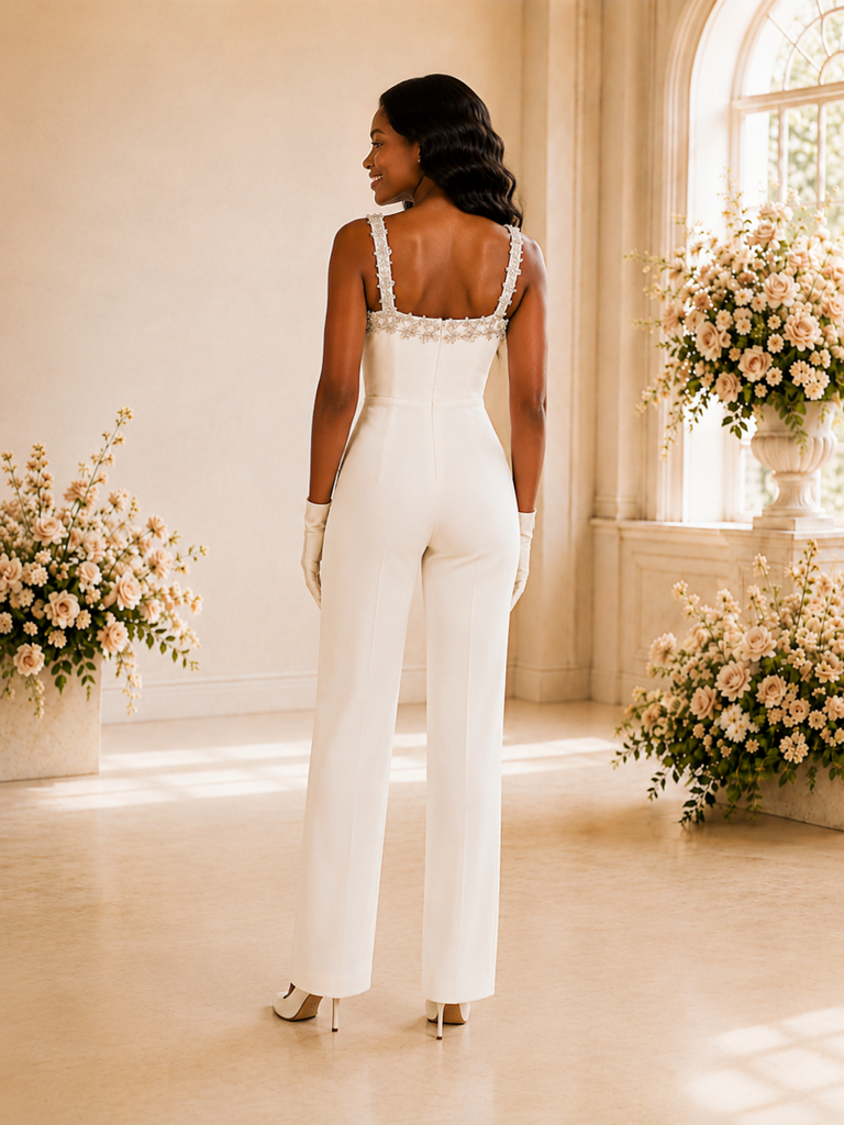 ChicSew Fancy Spaghetti Straps Square Neck Rhinestone Crepe Floor-Length Wedding Jumpsuit