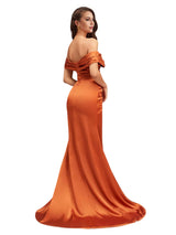Sexy Side Slit Mermaid Off The Shoulder Soft Satin Unique Long Bridesmaid Dresses Online