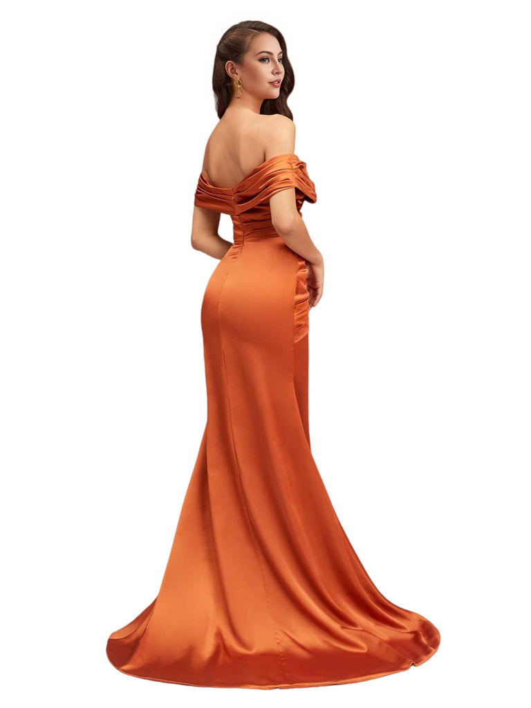 Sexy Side Slit Mermaid Off The Shoulder Soft Satin Unique Long Bridesmaid Dresses Online