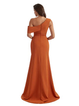 Sexy Side Slit Asymmetrical Neck Mermaid Crepe Long Bridesmaid Dress For Wedding