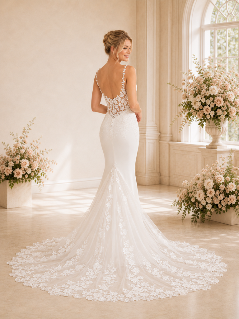 ChicSew Romantic Spaghetti Straps Mermaid Lace Tulle Floor-Length Wedding Dresses With Long Train