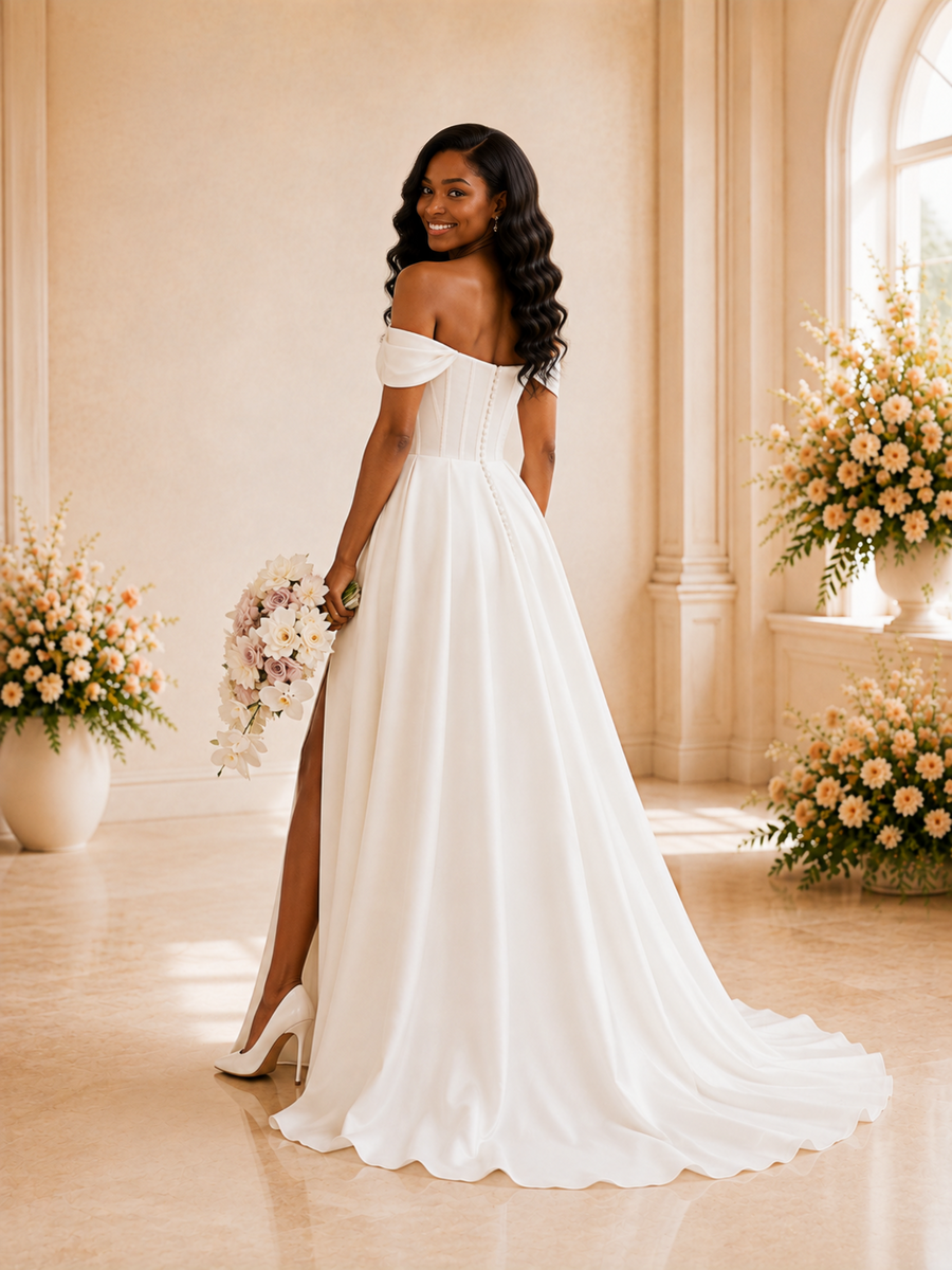 ChicSew Fancy Off The Shoulder Boning Side Slit A-Line Satin Maxi Wedding Dress