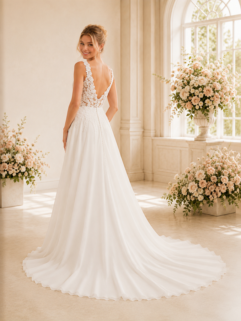 ChicSew Elegant V-Neck A-Line Lace Applique Chiffon Long Wedding Dresses With Train