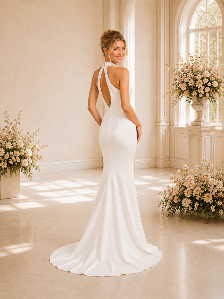 ChicSew Sexy High Neck Sleeveless Satin Mermaid Long Wedding Dresses