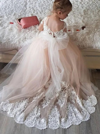 Flower Girl Dresses with Long Train O-neck with Lace Wedding Gowns for Kids Birthday Party Girl Dresses