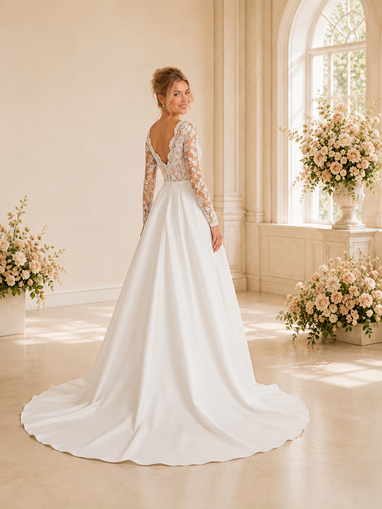 ChicSew Classy V-Neck Long Sleeves Lace Satin A-Line Long Wedding Dress