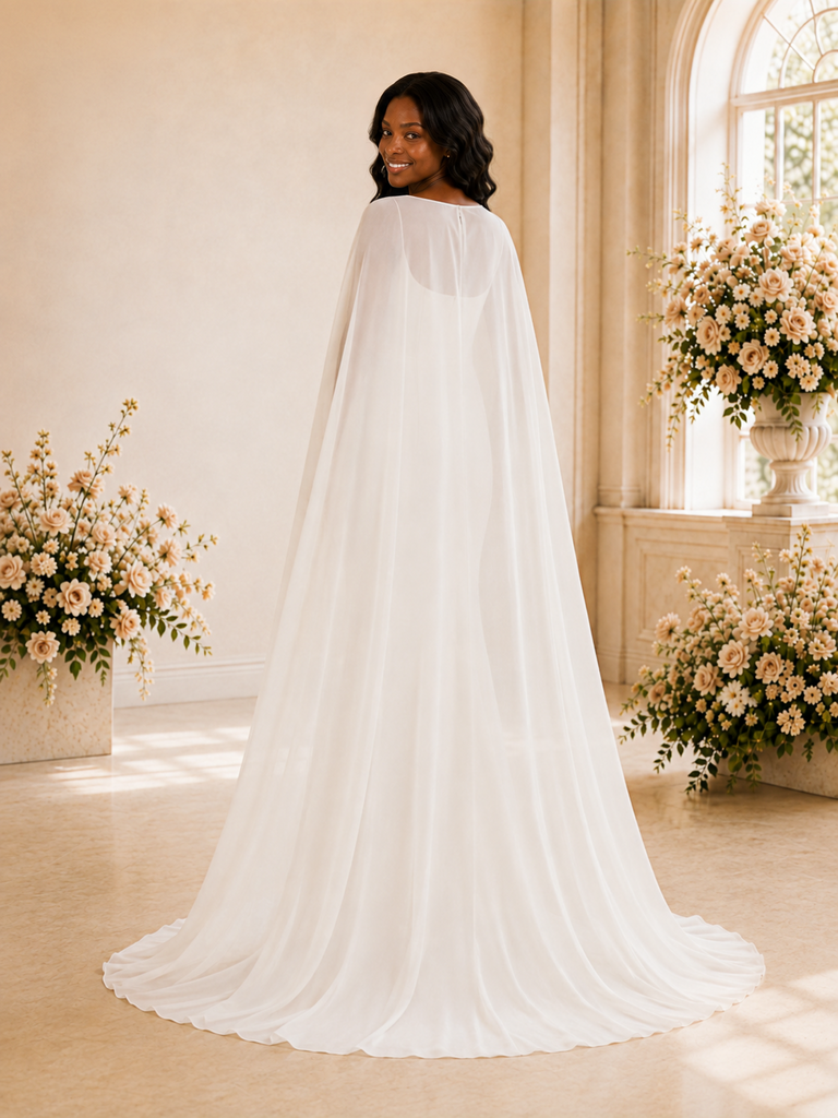 ChicSew Simple Mermaid Crepe Long Wedding Dress With Chiffon Cape Sleeves