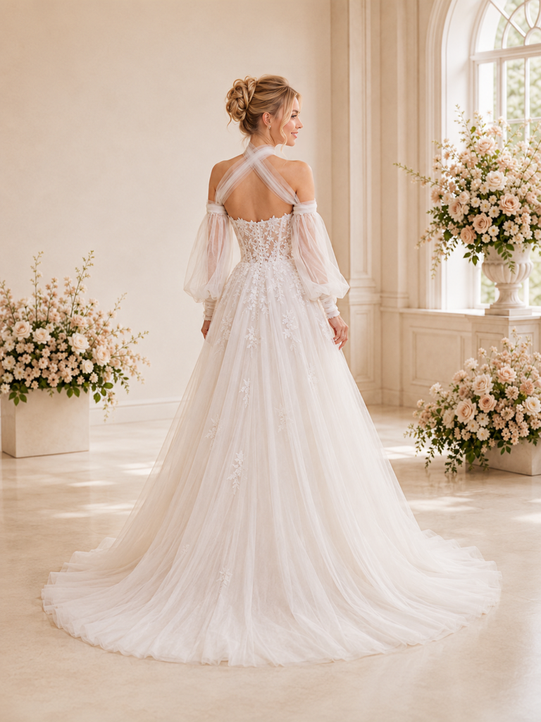 ChicSew Romantic Unique Halter Long Sleeves A-Line Boning Lace Tulle Maxi Wedding Dresses